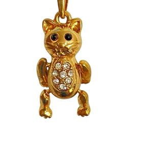 Fancy Cat Rhinestone Belly Gold Tone Articulated Pendant Necklace